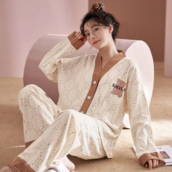 2022 Femei Pijamale Două Bucata Set de Iarna V-neck Maneca Lunga Single-breasted de Sus Pantaloni Largi Kawaii Haine Femei Pijamale