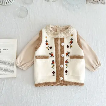 2022 Fetiță Flori Fără Mâneci Broderie Tricot Vesta De Toamna Iarna Pentru Copii De Cald Tricot Pulover Fete De Moda Tricotate Vesta