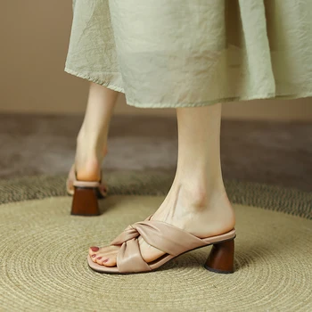 2022 Noi PIELE naturala Sandale Pantofi pentru Femei Sandale de Moda de Vară, Papuci de casă Tocuri inalte Femei Papuci Rotund Tocuri