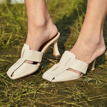 2022 Noua Moda țesute superioară Baotou Femeie Tocuri Subtiri de Mare Papuci de Vara Vintage Square Toe Catâri Femme Pompe Pantofi Sandale