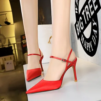 2022 Vara Femei 9.5 cm Sandale cu Toc Lady Sexy Degetul Ascutit Dimensiune 40 Pompe de sex Feminin din Satin de Mătase Catarama Verde Sandles Pantofi de Bal