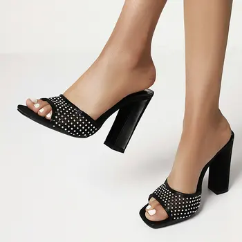 2022 Vară de Moda Doamnelor Sandale de Sclipici în aer liber Pătrat cu Toc Gură de Pește Pantofi de sex Feminin din Microfibra pentru Femei Pantofi Negru Bej