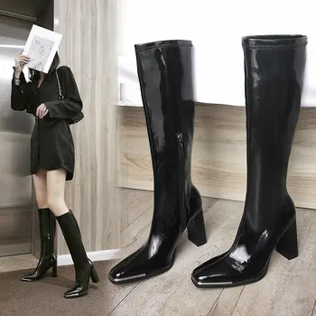 2022 Web Celebritate Tocuri Groase Slab Pantofi Înalt de Echitatie Femei Lady Piele de Brevet Cap Pătrat, Dar Cizme Genunchi Super-Mare (8 cm-up)