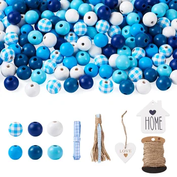 240Pcs Albastru Margele din Lemn cu Iută Cablu Tema Ocean Naturale, Margele din Lemn pentru Fermă Decor de Luare de Bijuterii DIY Breloc Garland