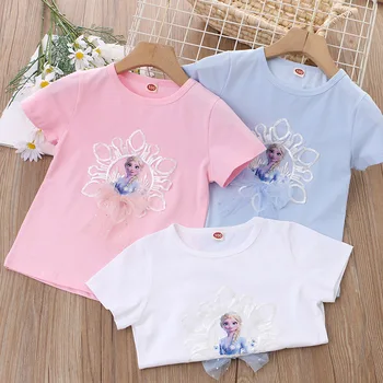 3-7 Ani Copii Fete de Bază T-shirt de Vară O-gat Maneci Scurte pentru Copii Haine Drăguț Desene animate Floarea-soarelui Arc Frozen Elsa Teuri de Sus