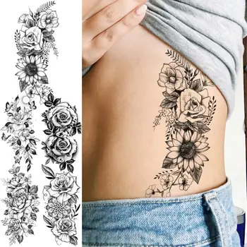 3D Sun Flower Daisy Talie Tatuaje Temporare Pentru Femei Adulte a Crescut de Henna Butterfly Cruce Tatuaj Fals Impermeabil Jumătate Maneca Tatuaje
