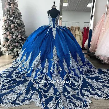Albastru Regal Curele De Spaghete Crystal Ball Gown Rochii Quinceanera Cu Alb Aplici Ștrasuri Din Mărgele Vestido De 15 Anos Sweet 16