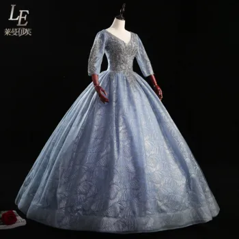 ash albastru broderie flori ștrasuri din mărgele curtea rochie de bal regal Medieval, Renascentist Victorian rochie Belle de minge