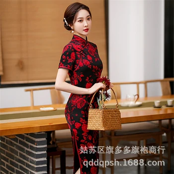 Chineză Modernă În Stil Vintage Maneca Scurta Cheongsam Femei Tradiționale De Imprimare Florale Qipao Halat Orientale Vestido