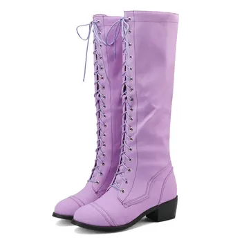 Demin Tesatura Colorate Violet Roz Portocaliu Blugi Pantofi pentru Femei de Iarnă Tocuri Indesata Cizme Dantela-up Genunchi Ridicat de Echitatie Cizme de Echitație