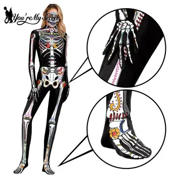 [Ești Secretul Meu] Halloween Cosplay Costum Complet Capac Body 3D Craniu Schelet de Imprimare Catsuit Mâneci Lungi Slim Tinutele de Petrecere