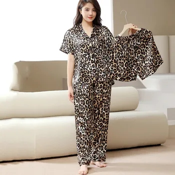 Fdfklak Leopard de Imprimare 3Pcs Set de Pijama Pentru Femei Pijama Vara Sexy Sleepwear Costum Nou Homewear Maneca Scurta, Pijamale