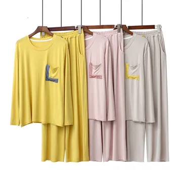 Fdfklak Piept Buzunar Design Pijamale Costum de sex Feminin Somn Set de Două Piese Noi pentru Femei Body Moale cu Maneci Lungi Haine de Acasă