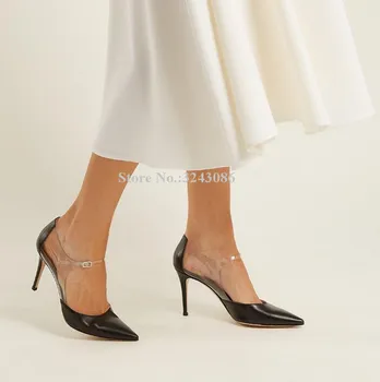 Femei din Piele Neagră Transparentă din PVC Toc Stilet Pompe de Moda a Subliniat Toe Catarama de Curea Single Pantofi de Moda Doamnă Banchet Pantofi