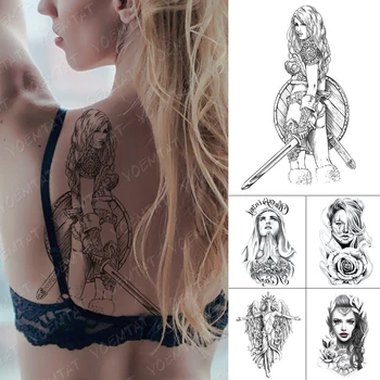 Impermeabil Tatuaj Temporar Autocolante Frumusete Războinic Viking Soldat Cuțit Negru Flash Tatuaje De Sex Feminin Schiță Body Art Fals Tatoo M