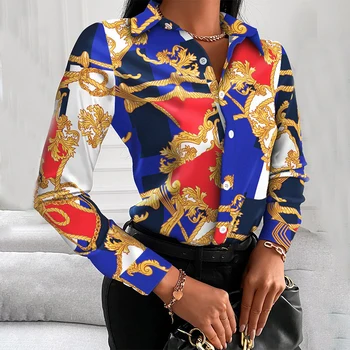 Imprimate Tricou Femei 2022 Primăvară Birou Elegant Doamnelor Bluza Haine De Moda Rever Maneca Lunga Butoane Topuri Casual Pentru Femei