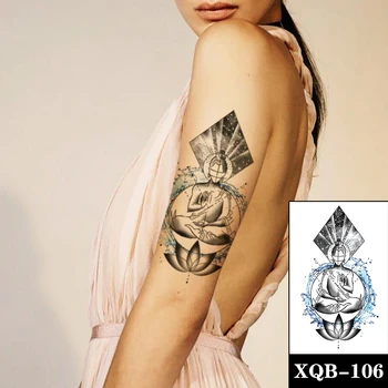 Lotus Guanyin Impermeabil Tatuaj Temporar Autocolant Negru Galaxy Cerneală Albastră Tatuaje False Flash Tatuaje Braț Picior de Arta Corp pentru Femei, Bărbați