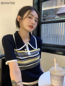 Maneci scurte Tricotate T-shirt Femei coreeană Stil Preppy cu Dungi Casual Trunchiate Subțire Simplu All-meci Moda Tineri Vară Retro