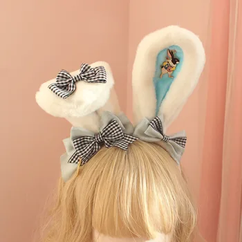 Manual Twin Alice Surori Lolita Gadget Gri și Albastru Bentita Moale Fata Alb-Negru Carouri Urechi de Iepuras KC