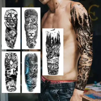 Mare Pădure de Munte Tatuaje Temporare cu Maneci Pentru Barbati Adulti Leu Tigru Busola Autocolant Tatuaj Fals Lavabil Brat Tatuaje 3D