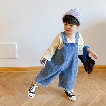 Moda Fete Pentru Copii Direct Strapes Salopete Denim Baieti Albastru Pantaloni Largi Picior Copii Pantaloni Pentru Primavara Toamna 1-10 Ani