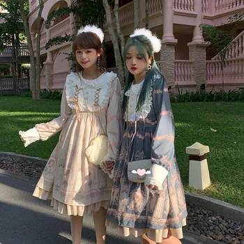 Mori Fata Dulce Kawaii Lolita Femei Op Rochie Japoneze Imprimate Negru Roz Menajera Lolitas Moda Cosplay Costum cu Maneci Lungi Goth