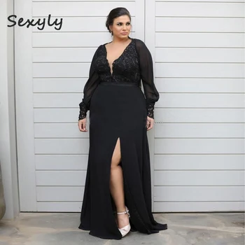 Negru Sexy Plus Dimensiunea Rochie De Seara 2022 V Gât O Linie Lungă Maneca Rochie De Bal Cu Fantă Mare Vestidos Femme Robe De Soirée