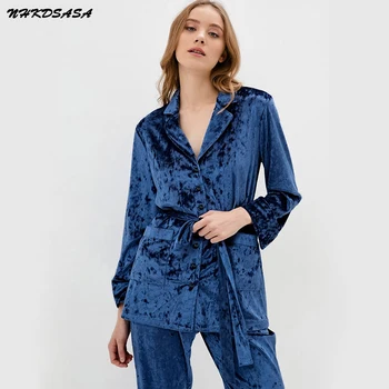 NHKDSASA Noi Maneca Lunga Albastru Catifea Pijama Buzunare Duble Tricot Acasă Costum Pentru Femei Pijamale Largi pentru Femei Haine de Acasă 2022