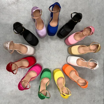 Noul Brand De Moda Satin Platforma Pantofi Rochie Petrecere Pantofi De Nunta Stras Catarama Femei Pompe Sexy Sandale Cu Toc Indesata