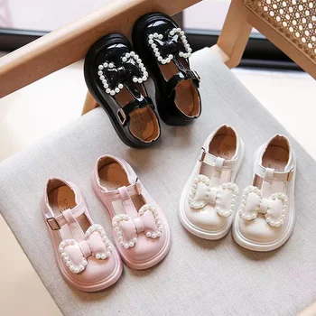Nouă Primăvară de Toamnă Fete Pantofi de Piele cu Fundita Perle, ștrasuri din Mărgele Prințesă Drăguț Dulce Moale Apartamente Confortabile Pantofi pentru Copii