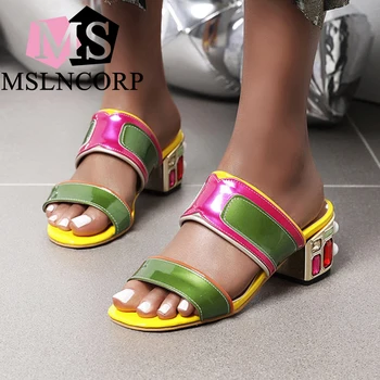Plus Dimensiune 34-48 Moda Multicolor Deschis Deget de la picior Glezna Curea Sandale Femei Tocuri inalte Sexy Lady Pantofi Cataramă 6cm Toc Sandale de Vara