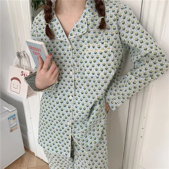 QWEEK Bumbac pentru Femei Pijamale coreean Sleepwear Tulip Imprimare îmbrăcăminte de noapte de Primăvară Pijamas de sex Feminin Set Femeie 2 Bucata Pijama Uzura Acasă