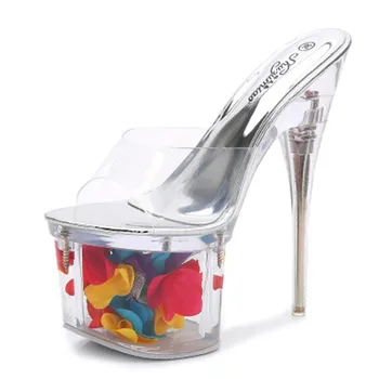 Rece papuci de 17 cm toc subțire, model de mers pe stâlp pantofi de dans, club de noapte transparent impermeabil platforma de sex feminin papuci