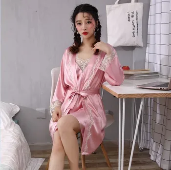 Roz Femei Dantelă Raionul Halat Seturi Mireasa Dressing Rochie Kimono Sexy Curea Top Cămașă de noapte&Halat de baie Lenjerie 2 BUC cămașă de noapte Homewear