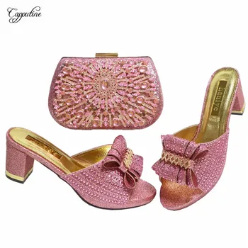 Roz pentru Femei Pantofi Platforma Si Geanta de Lux Pietre din Africa de Vară Tocuri inalte Papuci de casă Meci Cu Geantă de mână Set Ambreiaj Pompe GL18