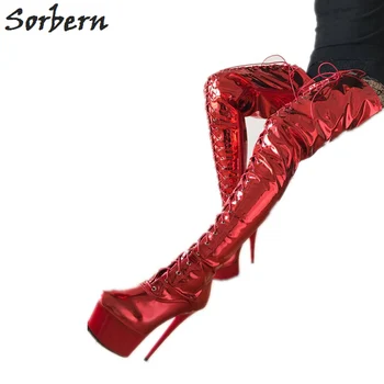 Sorbern Extreme Cizme Lungi 80Cm Shalft Lungime Rosu Metalizat 15Cm Femeile cu Toc Pantofi Platforma Picioare Coapsei Cizme cu Toc