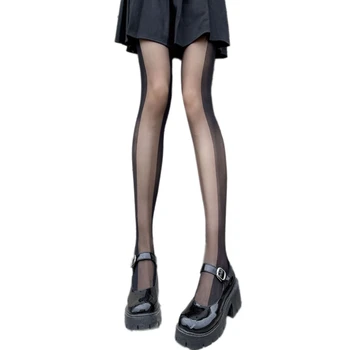 Stil Preppy Femei Matasoasa Chilot Transparent Negru Partea Largi cu Dungi Verticale Împletit Pur Dresuri Ciorapi 37JB