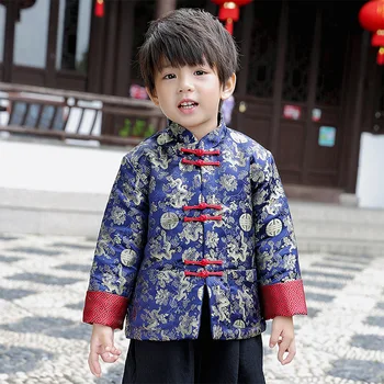 Tang Cheongsam C Mânecă Lungă Pierde Haina Albastru Costume De Anul Nou Pentru Copii Băiat Chinez Qipao Copii Stil Chinezesc Haina De Iarna