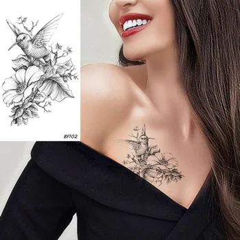 VANKIRS 3D Schiță Creion Humminbirds Florale, Tatuaje, Autocolante Femei Piept Tatuaj Temporar Păsări Fete Brațul Fals rezistent la apa Tatuaje