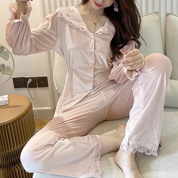 Velur Pijama Cu Guler Din Dantela Femei Cămașă De Noapte Stil Palat Pijamale Elegante, Retro Acasă Haine De Rever Pijamale Mozaic Body