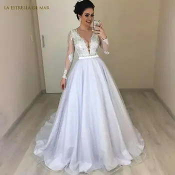 vestido branco casamento civile sexy v gât dantelă cu maneci lungi vestidos de novia corte princesa haine lungi de mariage mireasa elegant