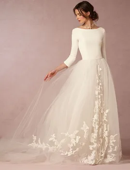 vestido de noiva halat de mariage Simplu Sexy Spate O-linie Tull rochie de mireasa Cu Aplicatii Jumătate Maneca mama de rochii de mireasa
