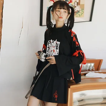 Îmbrăcăminte pentru femei Anime fox tipărite cruce panglica Femei Lolita Fete T-shirt harajuku primăvară Top Negru fusta hanorace Fox Cosplay